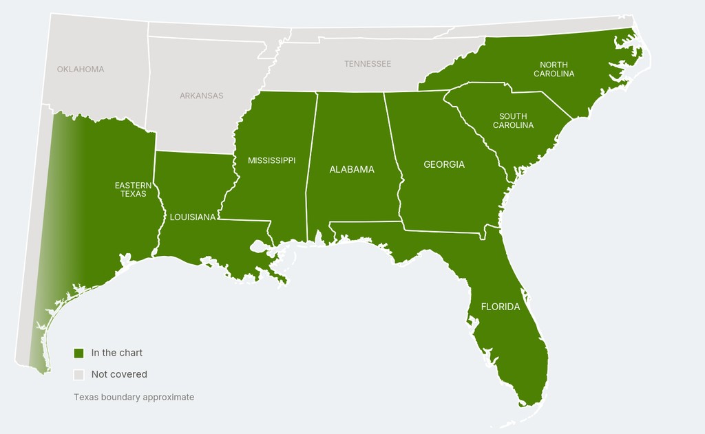 Map of the southeastern United States with the eight covered states filled in green